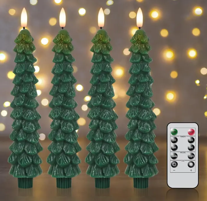 Green Wax Flameless Taper Candles 4 Pack with Remote, LED Candles, Battery Operated, 3D Flickering Flame, Real Wax Flame, Christmas Tree Decor