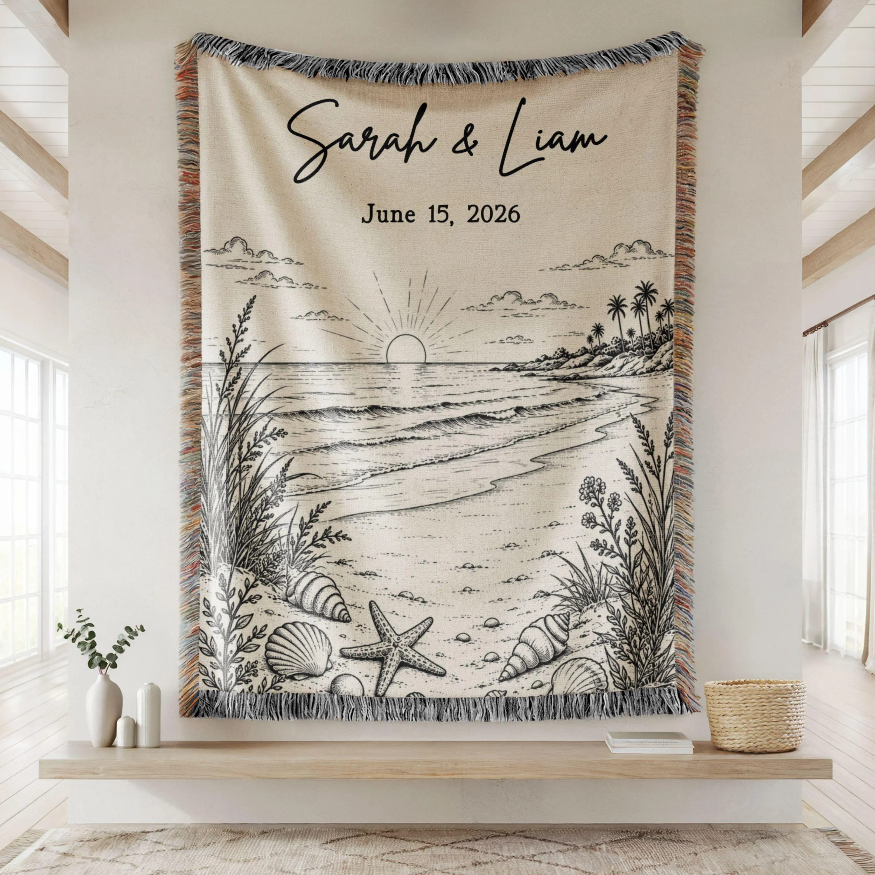 Personalized Beach Wedding Woven Blanket, Custom Couple Names Date Throw, Coast