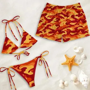 Matching Camo Swimwear Set, Red Orange Bikini, Men's Board Shorts, Couple Vacation Outfit J3P