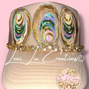 Sequin Oyster Patch Hat with Bling Chain | Coastal Southern Sparkle Trucker Hat | Louisiana Seafood Festival Hat | Custom Patch Bar Hat