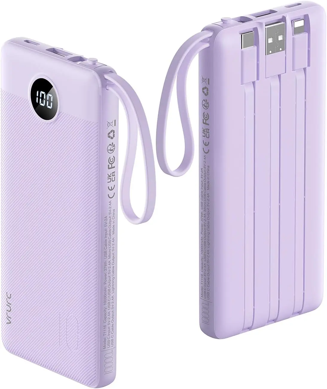 VRURC 10000mAh Portable Charger with 4 Built-in Cables  Charging LED Display Travel Essential for iPhone Samsung Android Lavender