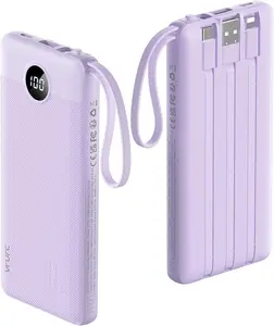 VRURC 10000mAh Portable Charger with 4 Built-in Cables  Charging LED Display Travel Essential for iPhone Samsung Android Lavender