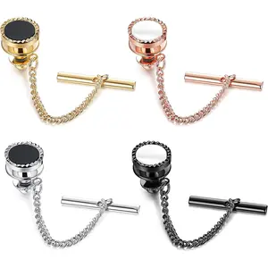 FINREZIO 4 Pcs Colorful Retro Tie Tack Chain Set for Men Women Stone Inlaid Lapel Pin Chains with Classic Design Trendy Formal Copper Jewelry Set for Groom Groomsmen Anniversary Gift Giving