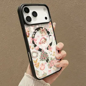 Cute Santa Claus and Pink Pattern Magnetic Phone Case Supports Wireless Charging for iPhone 17 Air 16 15 14 Pro Max 13 12 11 XR XS Plus E Shockproof Non Slip Protection Silicone Transparent Acrylic phone case Christmas Black