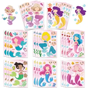 24 Sheets Mermaid Stickers Make Your Own Stickers Party Favors Mermaid Make A Face Sticker for Kids Party Favors,Classroom Teacher Rewards, Art Craft Supplies