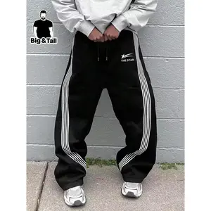 ��Plus Size�� Letter & Side Stripe Drawstring Waist Sweatpants, Casual Pocket Jogger Pants for Men, Men's Trousers for Fall & Winter, Casual Street Sweatpants