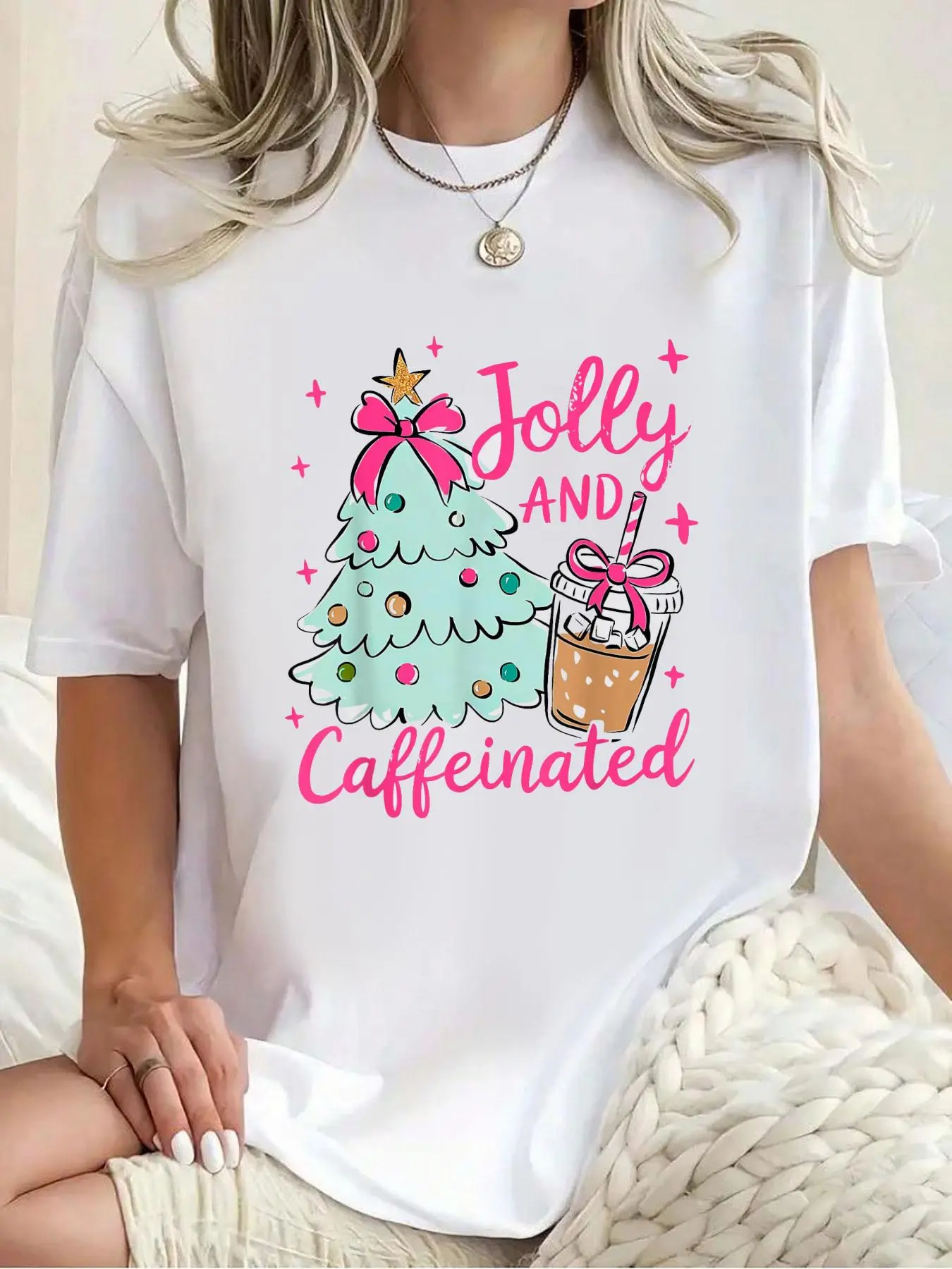 Women's Coquette Style Christmas Casual 100% Cotton Short Sleeve T-Shirt - Small Round Neck, Loose Fit, Jolly & Caffeinated Graphic, Easy Layering, All Seasons, Super Soft Wash, Tumble Dry, Party Wear