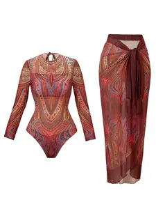 New Surf Mesh Long Sleeve One-Piece Swimsuit for Women, Sun Protection Beach Dress, Sexy Sporty Tankini Set