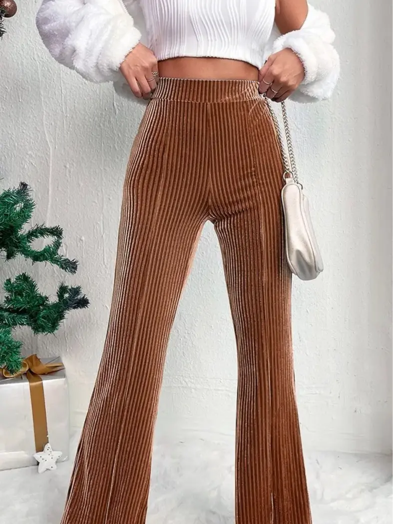Women's Chestnut Corduroy Velvet High Waist Flare Trouser - Fitted, Minimalist, Basic Lady's Comfort Bottoms