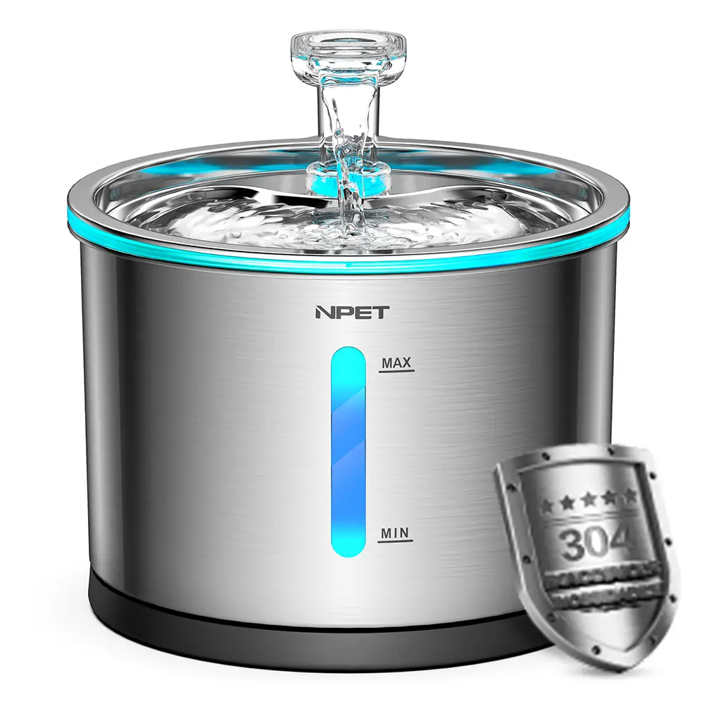 NPET 1.5L Stainless Steel LED Lights Cat Water Fountain with Filters For Indoor
