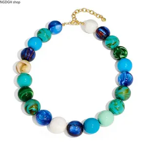 Ocean Marble Beaded Choker Necklace, Blue & Green Swirl Beads, Gold-Tone Adjustable Clasp, Bold & Chunky, Perfect for Summer Outfits, Beach Vacations & Statement Looks