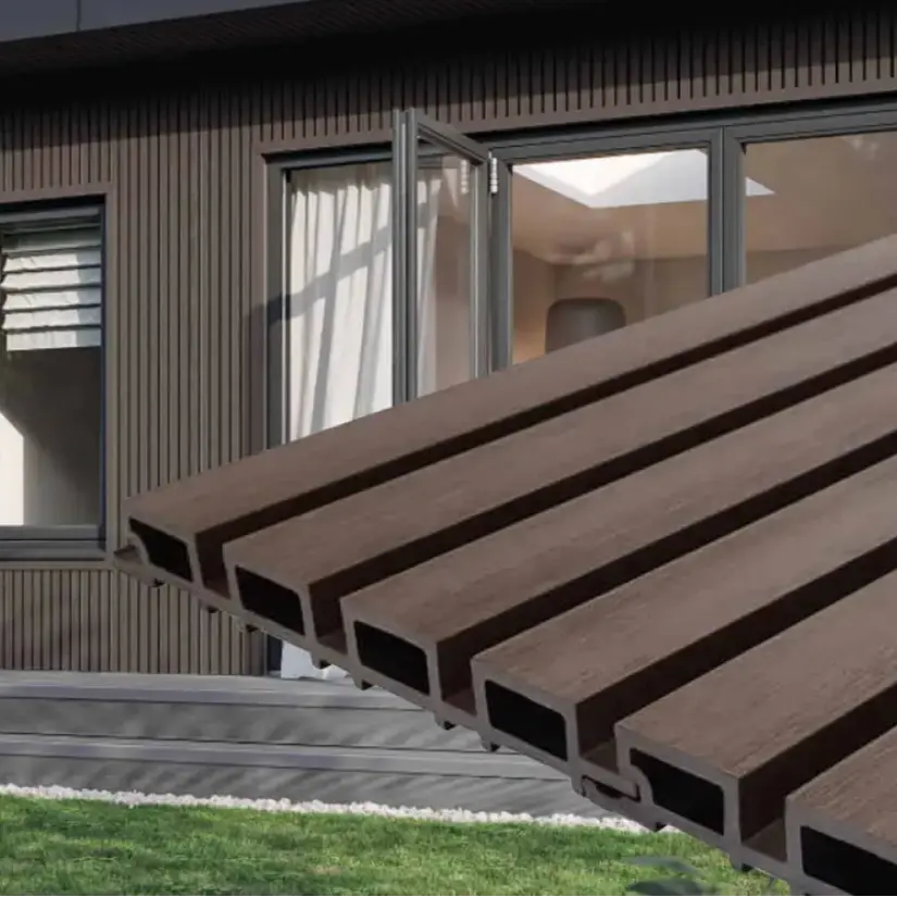 Dark Brown Composite Slat Wall Panels, Wood-Look Exterior Siding for Outdoor Walls & Modern Home Facades
