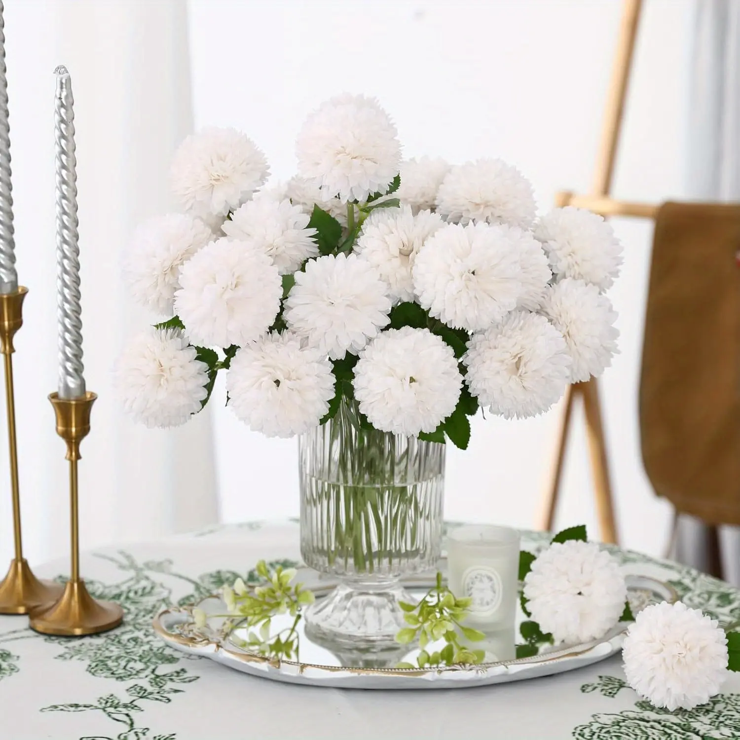 Artificial Silk Hydrangea Chrysanthemum Ball Flowers (12/24 Pcs, 11.02in White Fluffy), Decorative Artificial Plants Indoor Flower Ornaments for Bridal Wedding Bouquet, Home Garden Decoration