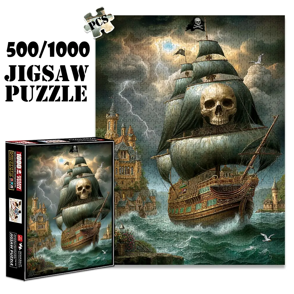 1pc 1000 piece adult puzzle 70x50cm Pirate Ship with Skull Sail, Lightning, and Coastal Castle 500 pieces of paper jigsaw puzzle, suitable for adults and families, large-scale DIY puzzle interacti