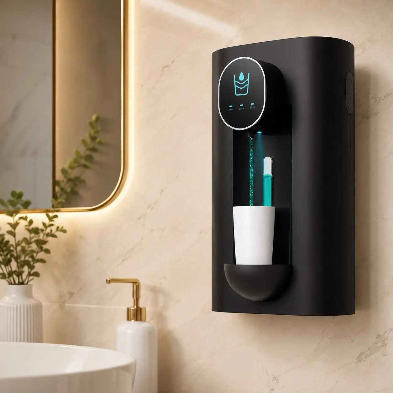 Automatic Touchless Mouthwash Dispenser, 18.26 oz USB Rechargeable Mouthwash Dispenser with 2 Magnetic Cups, 3 Adjustable Dispensing Levels, LED Display, Wall Mounted or Countertop Bathroom Dispenser, Black