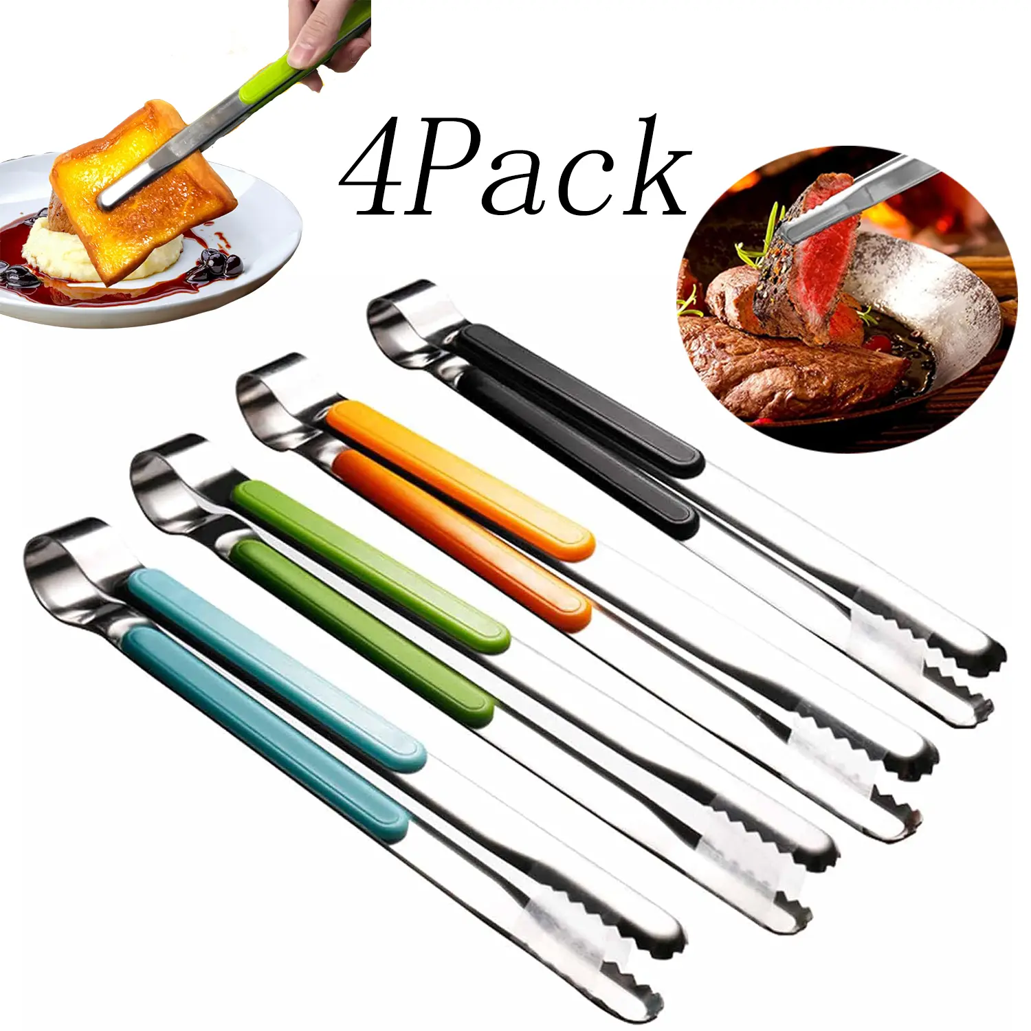 4 Pack Stainless Steel Kitchen Tongs,Grill Tongs,Serving Tongs for Cooking,Non-Slip Easy Grip Handle Food Tongs,Nonstick Tongs Indoor,for Grilling, Cooking and BBQ Metal Utensils