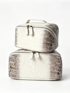 Women's Leather Makeup Bag, Multi-Functional Travel Organizer, Large Capacity, Crocodile Pattern, Himalayan Color, Handheld Cosmetic Case