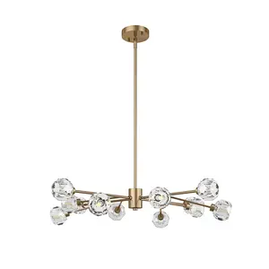Mid-Century Modern Brass 12-Light Clear Glass Sputnik Chandelier for Dining Room - Gold Lamp Body, Dimmable, ETL Approved, Easy Installation