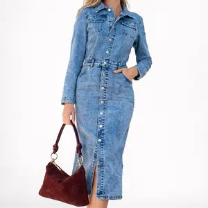 Stretchy Denim Dress with Long Sleeves and Button Front Design for Casual Wear