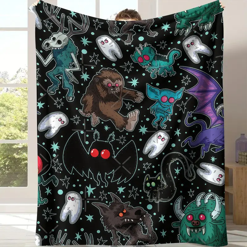 Cryptid Monster Flannel Throw Blanket - Black Night-Sky Background, Cute Spooky Print with Bigfoot, Mothman,Wendigo, Jersey Devil, Ghost Tooth, Werewolf, Cozy Soft for Cryptid Lovers, Halloween Home Decor