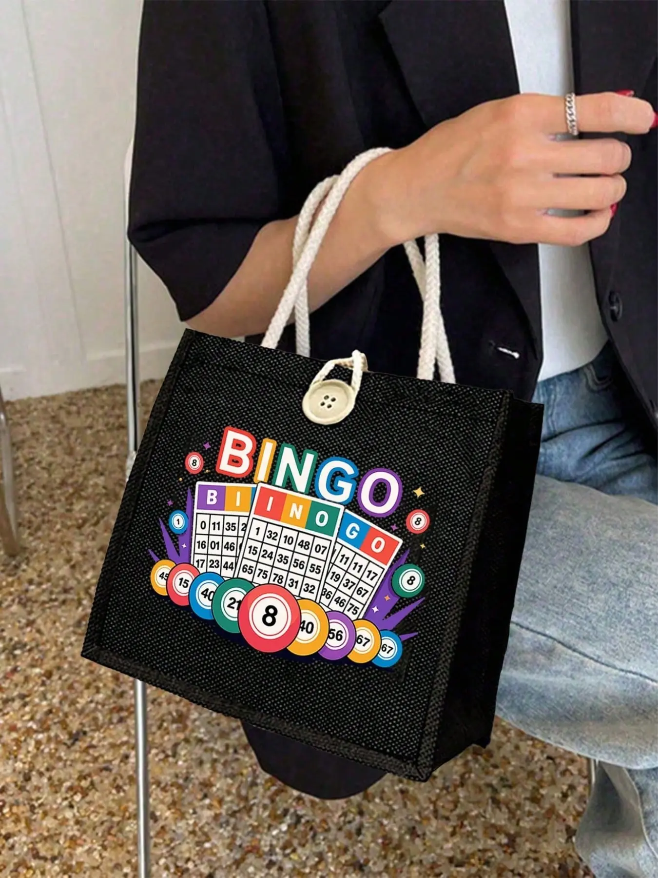 bingo' Letter Print Handbag Set, Large Capacity Women's Bag, High Capacity Handbag, Reusable Canvas Shopping Bag, Portable Travel Makeup Bag, Gift for Lottery Lovers, Hand Shoulder Bag