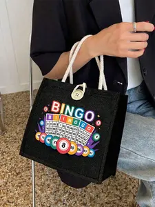 bingo' Letter Print Handbag Set, Large Capacity Women's Bag, High Capacity Handbag, Reusable Canvas Shopping Bag, Portable Travel Makeup Bag, Gift for Lottery Lovers, Hand Shoulder Bag