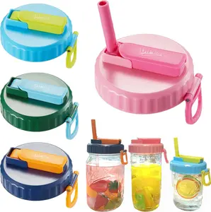 Summer vibes 4-pack wide-mouth color-block Mason jar lids, built-in hidden straw, leakproof and machine washable, convenient for drinking, reusable, handheld bottle caps