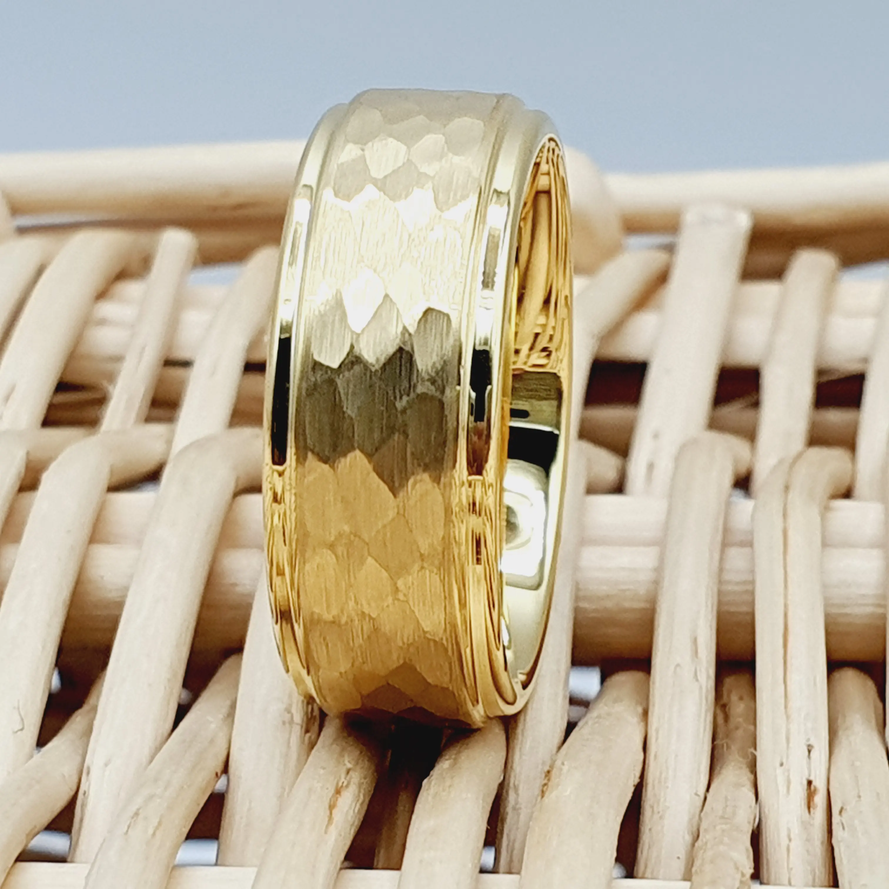 Yellow Gold Hammered Tungsten Engagement Ring for Men - Unique Wedding Band Flat Ring Couple Ring