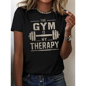 Women's "The Gym is My Therapy" Graphic T-Shirt - Black Short Sleeve Crew Neck 100% Cotton Gym Fitness Workout Top with Barbell Print Athletic Fashion Activewear