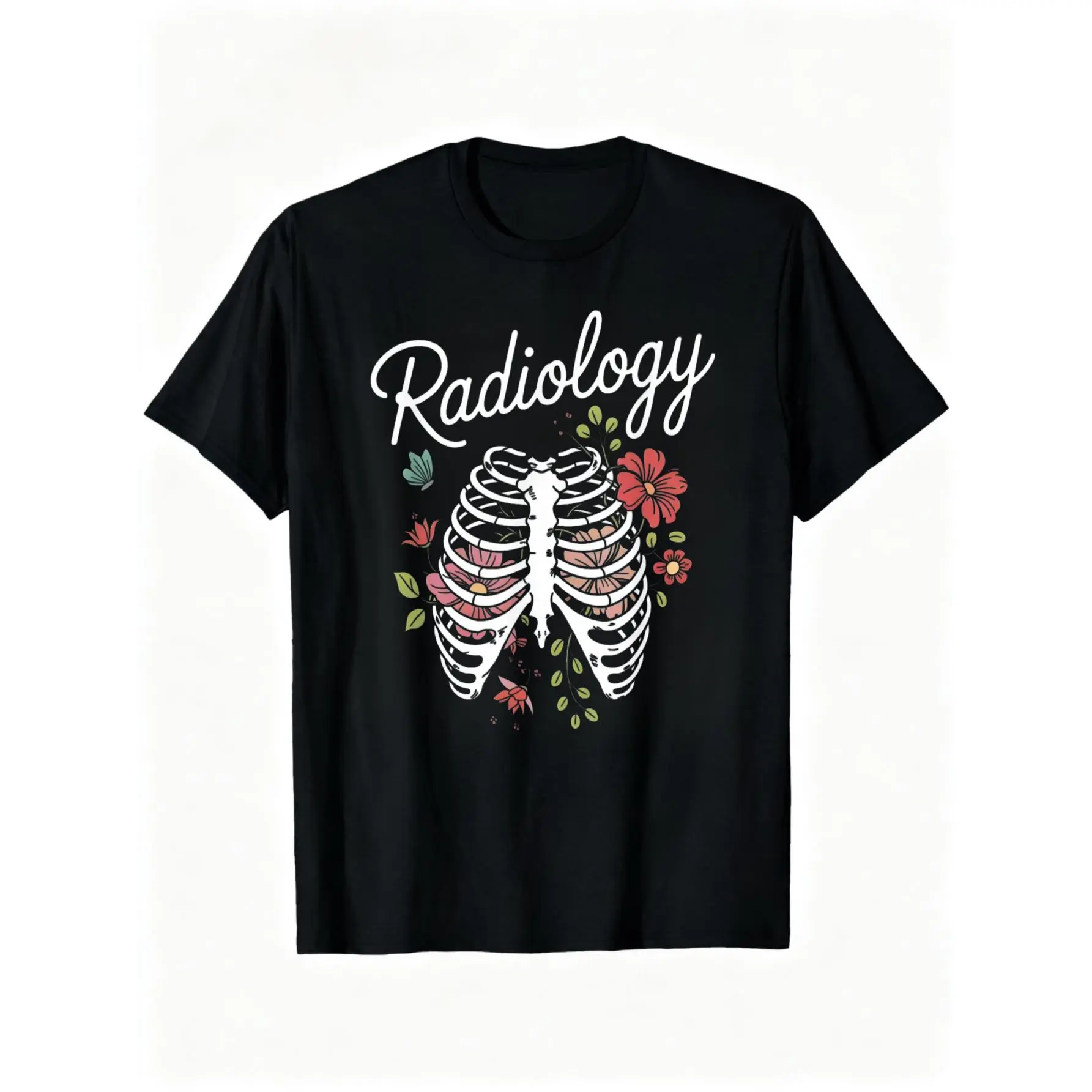 100% Cotton Short-Sleeve Round Neck Casual Radiology Wear Top with Rib Cage Print, for Rad Tech CT X-Ray Professionals (Sports & Outdoor Clothes, Sports Tops)