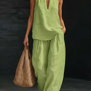 Women's Summer Linen 2-Piece Outfit Halter V-Neck Sleeveless Top and Wide Leg Pants Casual Loungewear Set for Work Streetwear Party and Daily Wear Womenswear Bottoms Trouser