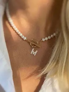Women's Zirconia Initial Pendant Necklace, Faux Pearl Beaded Chain, Elegant Ot Clasp Design, All-Season Jewelry Accessory