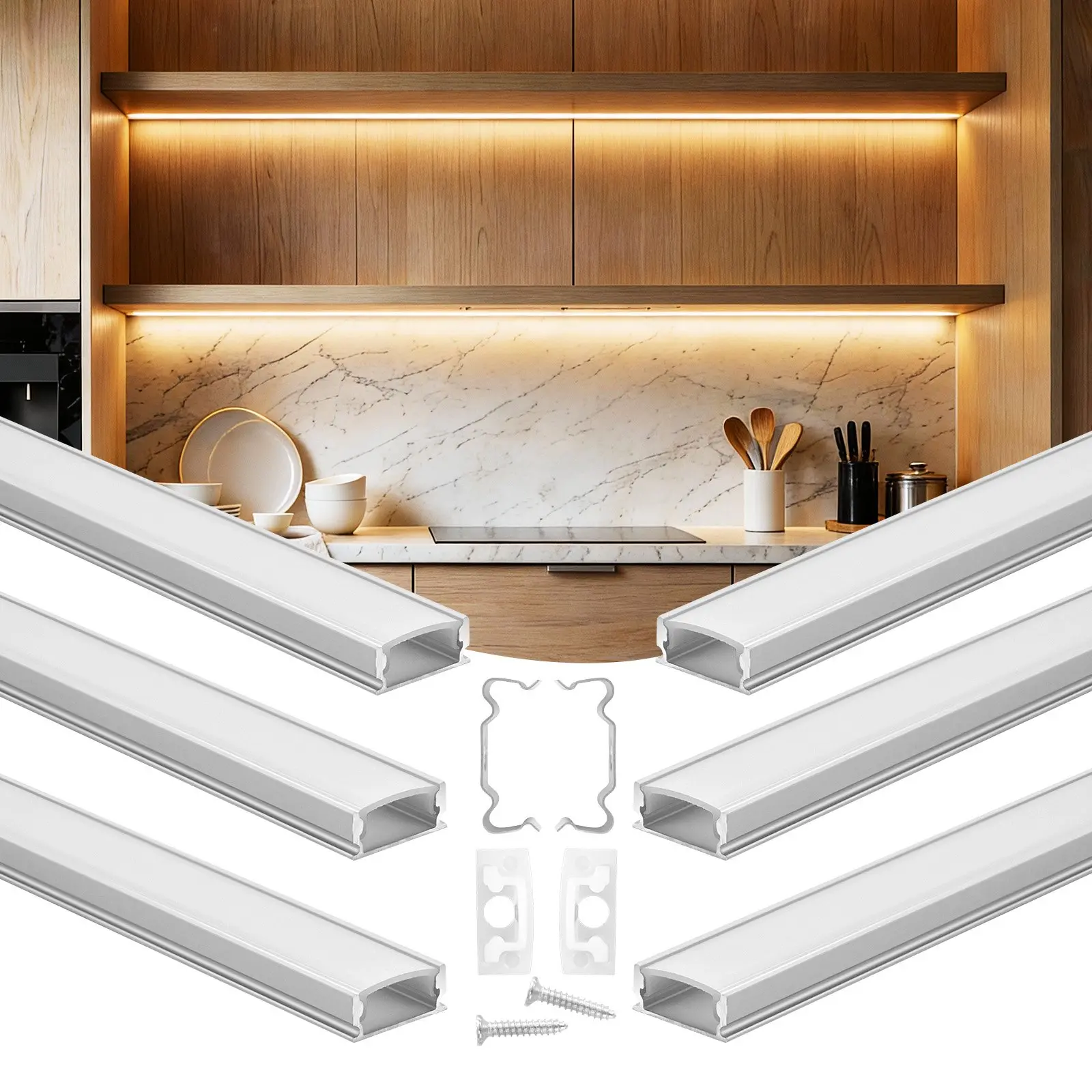 VEVOR 6-Pieces U-Shaped Bright LED Aluminum Channel Kit (3.3 ft/1M) with Milky Diffuser Cover, End Caps, Mounting Clips, Eye-Friendly, Easy Installation, Heat-Dissipating Profile, Diffuses Light for LED Strips, Cabinet Lighting, Bedroom, Living Room