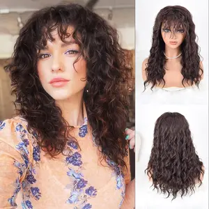 ZIHAN Women's Glueless Synthetic Full Machine Wig - Heat Resistant Loose Curly Hair with Bangs, Dark Brown to Lighter Highlights Ombre, Rose Net Cap, Comfortable Fit for Everyday, Party Use, Natural Volume summerwins