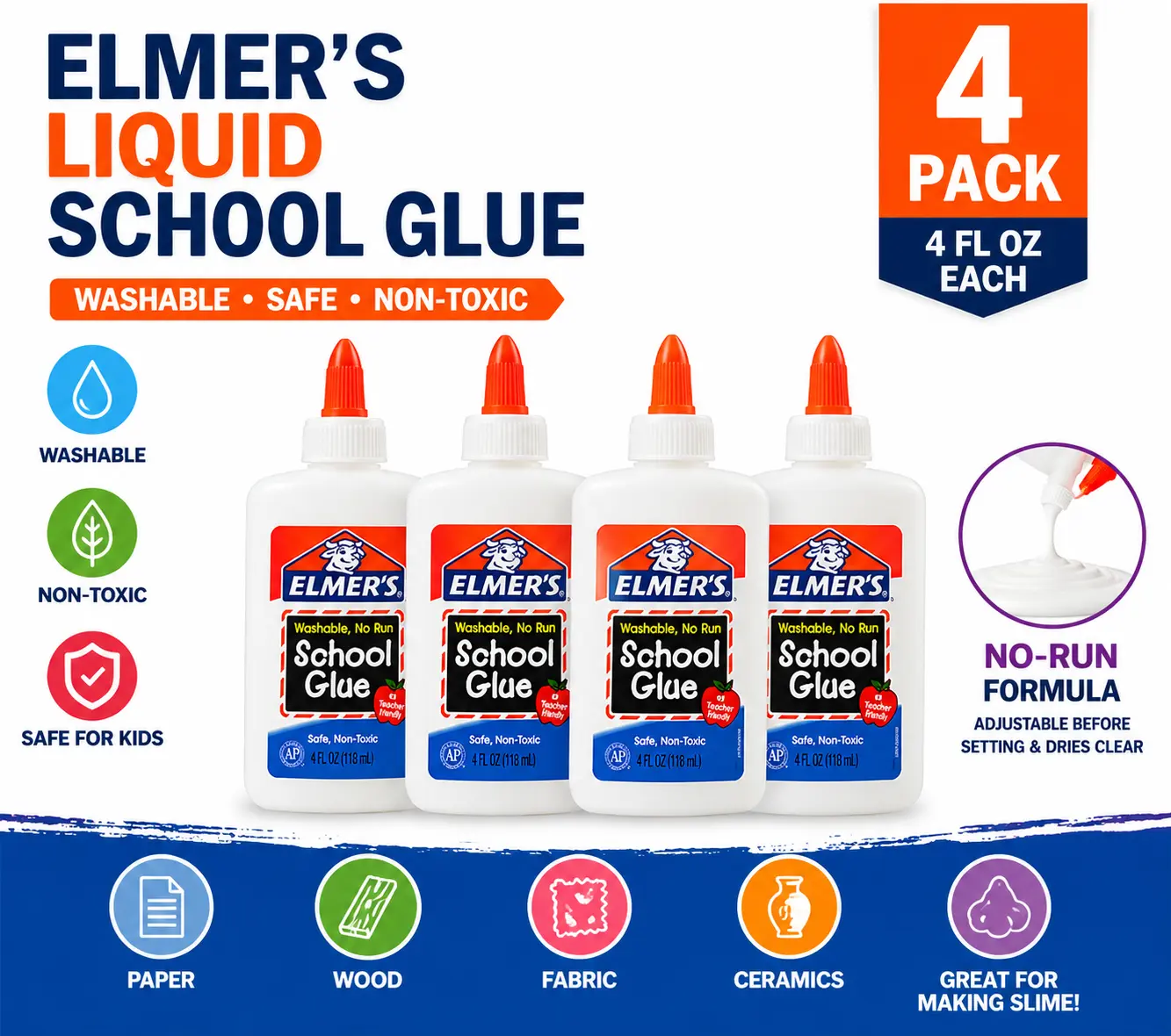 (4 pack) Elmer's Liquid School Glue, Washable, 4oz., 1 Count Slime Making Kit Slime Gift Bag