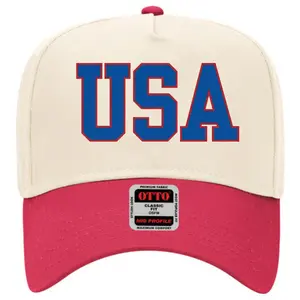 USA Patriotic Graphic Hat | Cream and Red Two-Tone Mid Profile Baseball Cap | Adjustable Premium Fabric Vintage Varsity Style Snapback 4th of July Gift