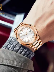Nautilus Series Luxury Business Men's Watch High Beauty Rose Gold Case with Calendar Display Fashionable Casual Personality Simple Quartz Watch Men's Edition