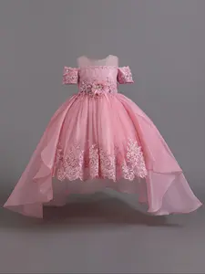 Pink Embroidered Kids Clothes 3D Flower Girl Ball Gown Pageant Children Elegant Performance Princess Prom Host Formal Evening Party Cocktail Trailing Dress for all Season 4 to 9 Years