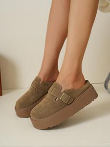 women's classic solid color buckle decorated thick bottom slippers, walking shoes, slipper sandals, casual comfortable platform slippers for indoor & outdoor wear, flat slippers for fall & winter, trending shoes, gifts for her