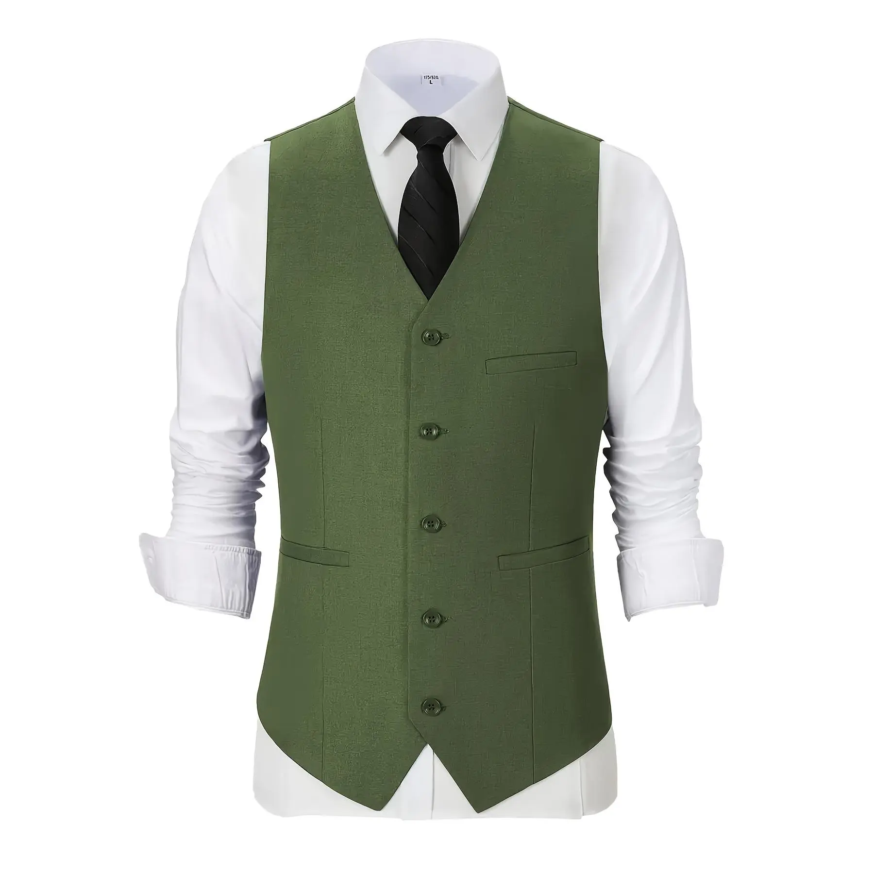 Men's V‑Neck Serge Suit Vest For Men Solid Color Multi‑Pocket Waistcoat For Wedding Guest Business Wear