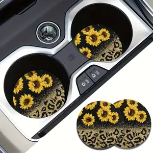2 PCS Sunflower & Glitter Leopard Absorbent Car Cup Coasters - Car Interior Accessories, Water Cup Coasters for Car & Home Desk