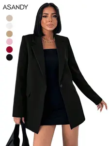 ASANDY Women's Black Minimalist Single-Breasted Lapel Long Sleeve Suit Blazer - Basic Loose Spring Essential Jacket, Elegant Office Work Clothes Outerwear for Casual Style, Pairable with Elegant Suit Vests