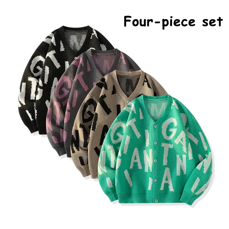 Men’s 4-pack knit cardigans with bold graphic letter pattern and V-neck, long sleeves, button-front, loose fit; multi-tone casual sweater bundle for men