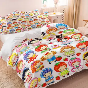 Kawaii Strawberry Shortcake Characters Bedding Set, 1 Duvet Cover + 1/2 Pillowcases, Watercolor Style Print Duvet Cover, Soft Breathable Fabric, All Season Cozy Bed Set for Girls