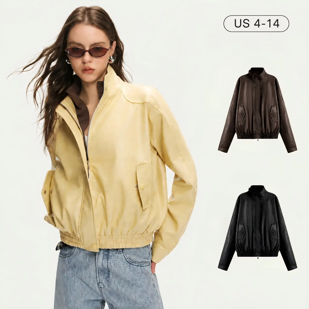 JCCC SHADOW Faux Leather Jacket Women Bomber Jackets for Fall Casual Biker Coat Zip Up Functional Pockets Elastic Hem Loose Fit Collared Jacket