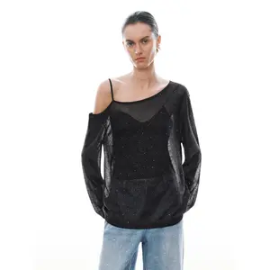 URBAN REVIVO 2026 Summer Women's Charming Relaxed Sequin Asymmetrical Shoulder Long Sleeve Basic Knit Top UWG960067 - Fitted, Minimalist, Viscose-Polyester Fabric, Women's Knitwear