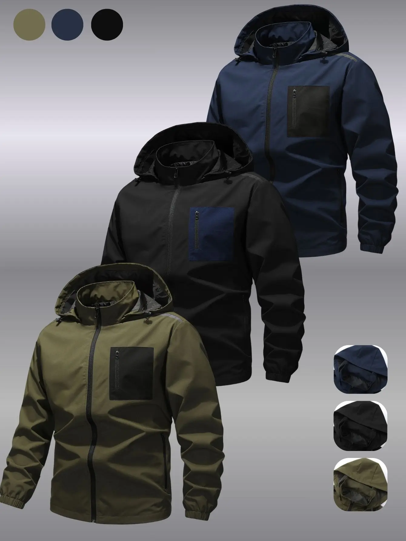 Men’s full-zip hooded jacket with adjustable cap opening on both sides with drawstrings, chest zip pocket, concealed side seams pockets, elastic cuffs, structured woven fabric outdoor casual jacket