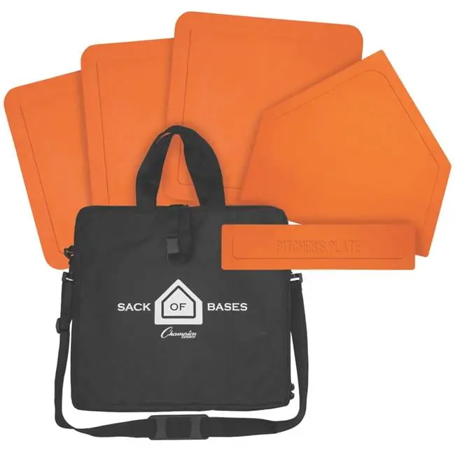 Rubber Portable Orange Baseball Bases Full Set (17.5x17.5x1 in.) with Heavy-Duty Carry Sack, Carabiner, Fence Hook, Home Plate - For Coaches, Backyard, Park Use