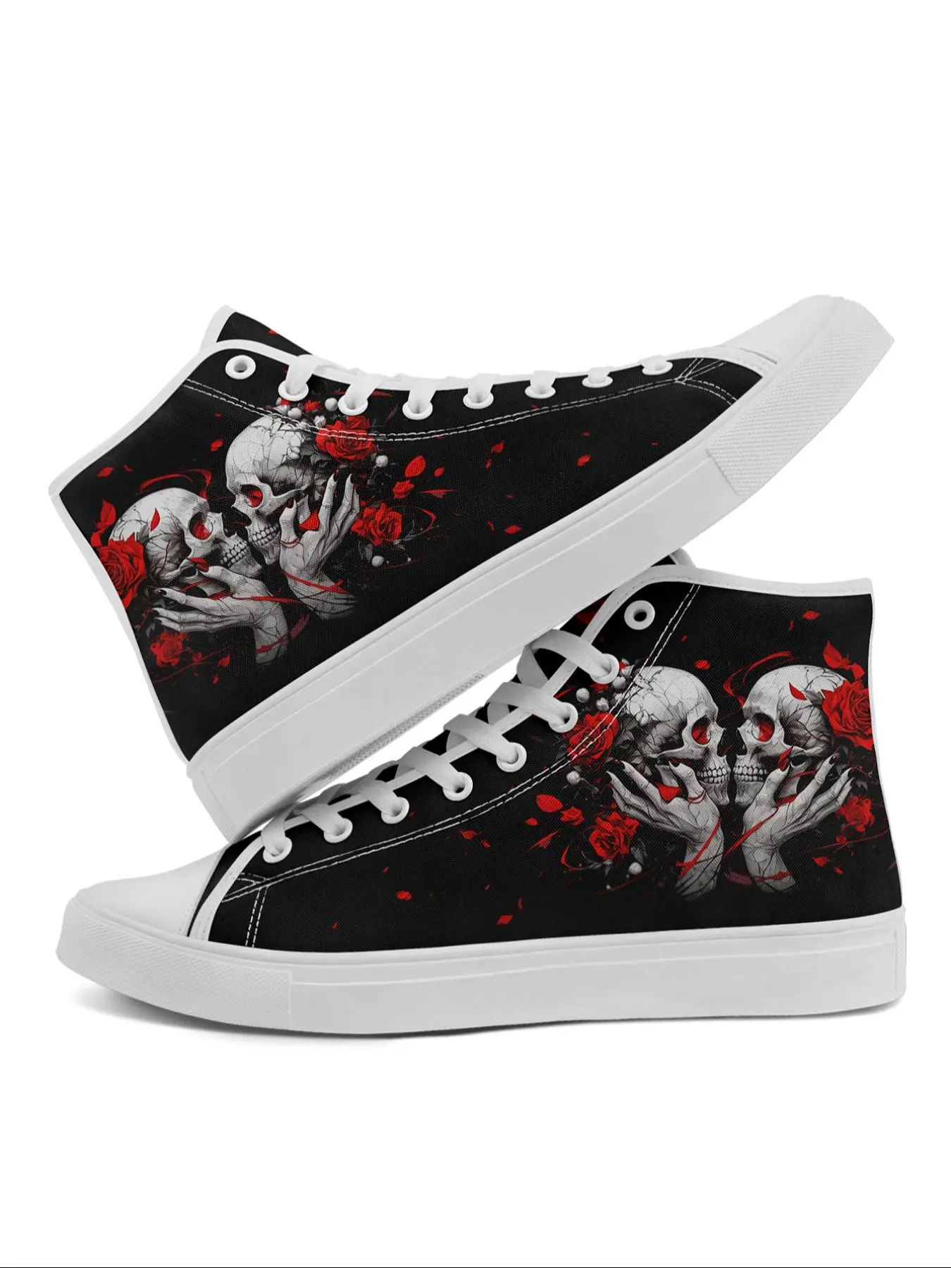 Women's Gothic Skull Trendy High-Top Sneakers, Fashionable Lace Up Punk Streetwear Lightweight Casual Sneaker Trainer Shoes for All Seasons, Breathable Textile Upper and Rubber Sole, Closed Footwear