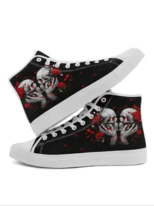 Women's Gothic Skull High-Top Sneakers, Punk Streetwear Lightweight Casual Shoes for All Seasons, Breathable Textile Upper and Rubber Sole